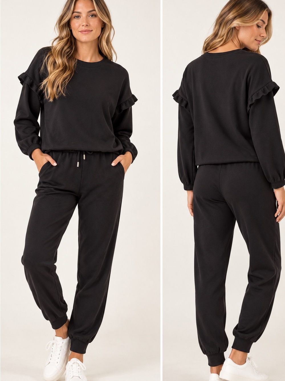 Cable & Gage Studio blk 2 piece Lounge Set XS Ruffle Sleeve sweatshirt joggers